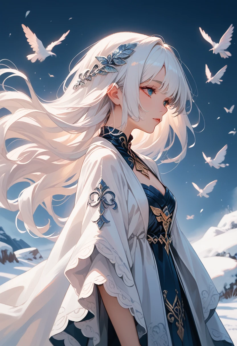 Anime girl with long white hair and blue dress in the snow, white-haired deity, white hair floating in the air, Anime fantasy illustration, Loose white hair, beautiful young spirit of the wind, beautiful fantasy anime, glowing flowing hair, Ethereal anime, beautiful anime works, beautiful digital images, anime fantasy artwork, ((fair empress fantasy)), 2. 5 d cgi anime fantasy artwork