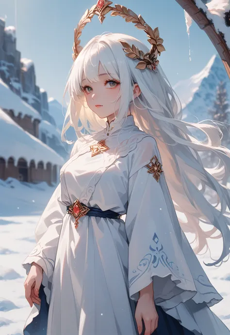 anime girl with long white hair and blue dress in the snow, white-haired deity, white hair floating in the air, anime fantasy il...