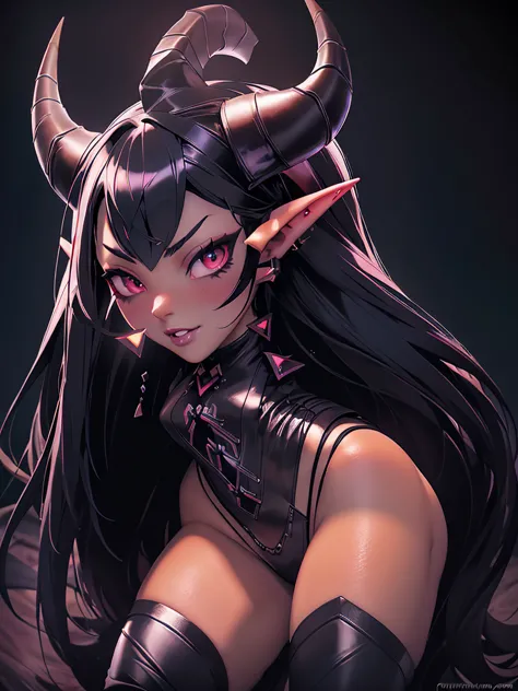 a dark-haired succubus woman, elegant detailed face, piercing gaze, full lips, sharp cheekbones, long eyelashes, ((small fine ho...