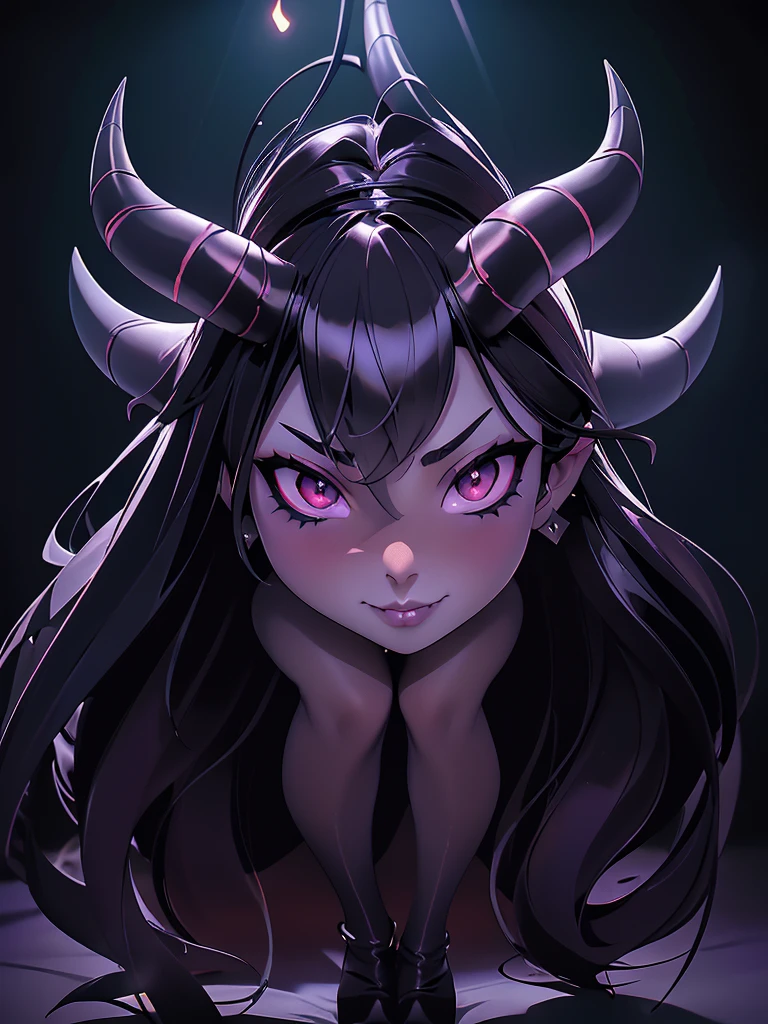 a dark-haired succubus woman, elegant detailed face, piercing gaze, full lips, sharp cheekbones, long eyelashes, ((small fine horns)), full body pose, tight leather outfit, seductive pose, dramatic lighting, dark moody atmosphere, cinematic high quality, intricate details, photorealistic, dramatic colors, chiaroscuro lighting