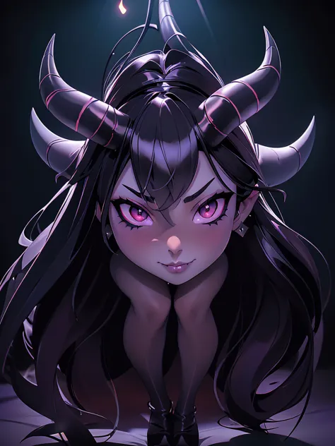 a dark-haired succubus woman, elegant detailed face, piercing gaze, full lips, sharp cheekbones, long eyelashes, ((small fine ho...