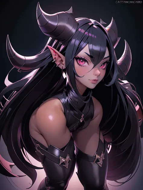 a dark-haired succubus woman, elegant detailed face, piercing gaze, full lips, sharp cheekbones, long eyelashes, ((small fine ho...