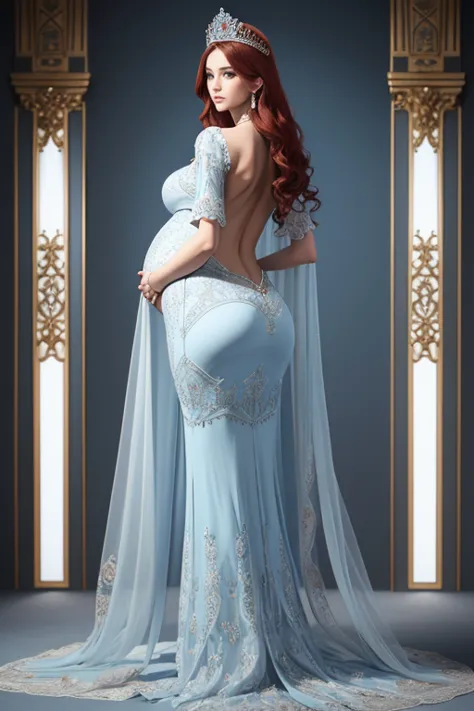 8k, masterpiece, very realistic, full body (sexy pregnant queen 1.2), very slim waist, slim thighs, elaborate detailed light blu...