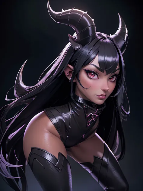 a dark-haired succubus woman, elegant detailed face, piercing gaze, full lips, sharp cheekbones, long eyelashes, ((small fine ho...