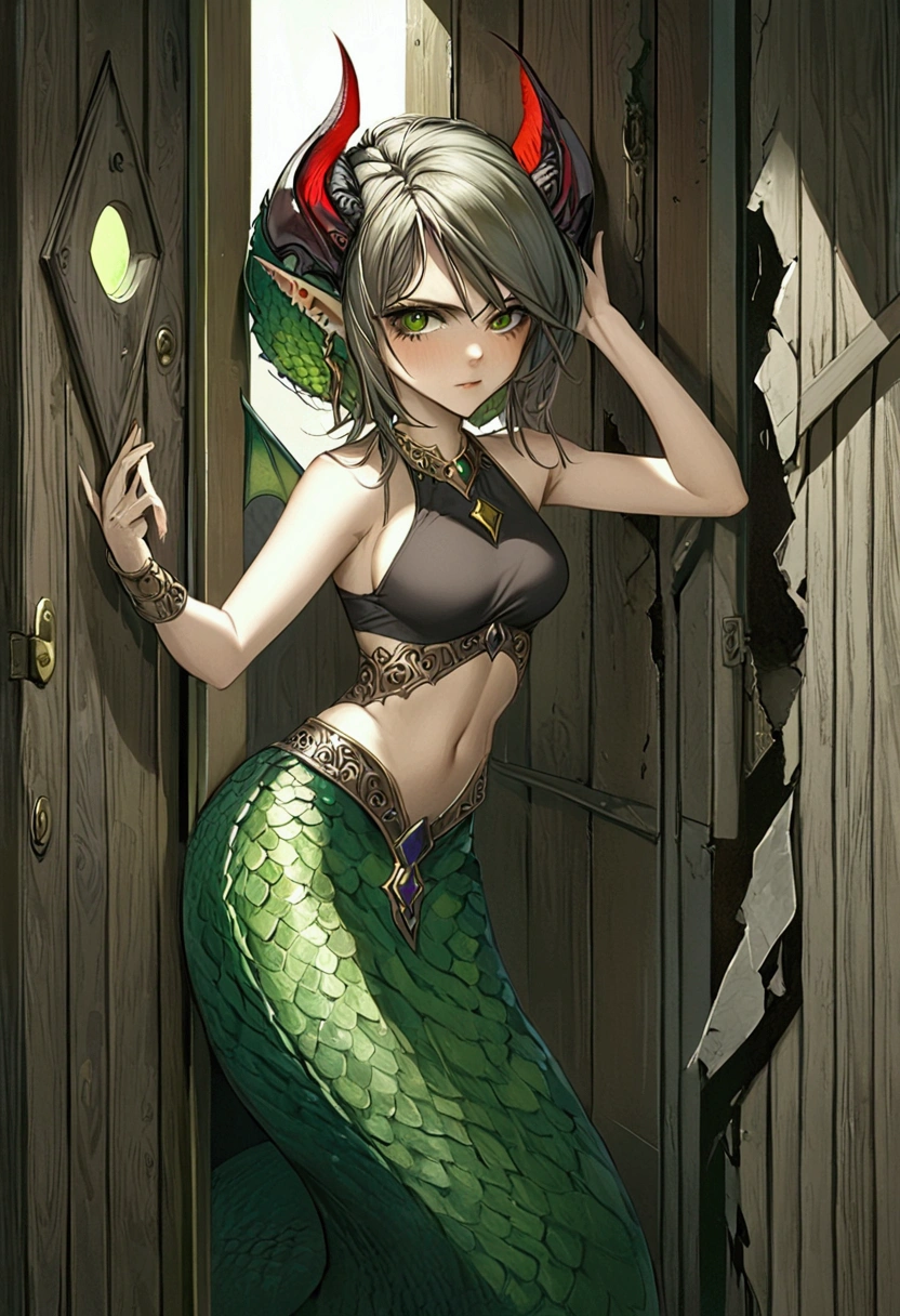 lamia, solo, Emma Watson, demon horns, pointy ears, one hand holding doorframe, broken door, wooden door, one hand on hip, halter top, green scales 