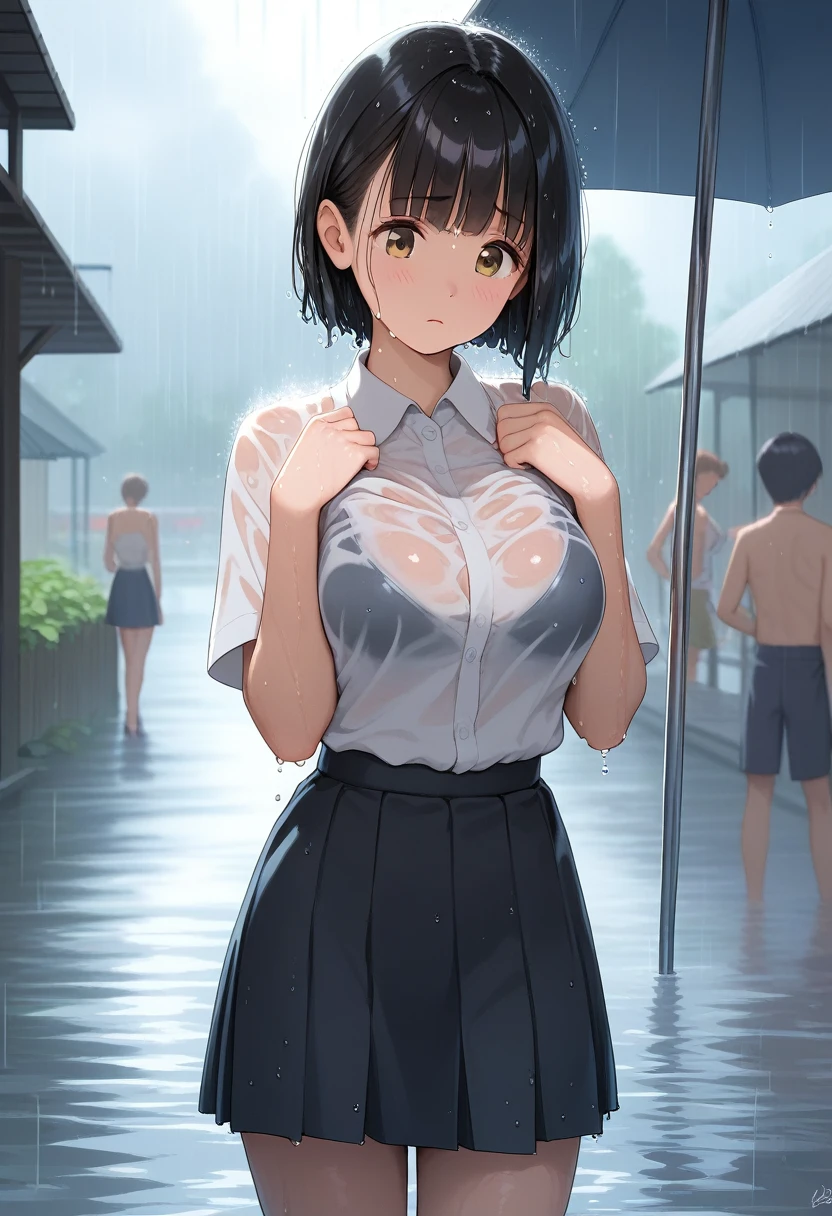 score_9,score_8_up,score_7_up,masterpiece,best quality, source anime, realistic, super detailed, extreme detailed, rating_safe, 
1girl, shelter from the rain, standing, hands up, looking down, cowboy shot, 
BREAK 22yo, short hair, bob cut, (blunt bangs), black hair, (tareme, detailed cute brown eyes), curled eyelashes, (large breasts:0.9), 
shiny hair, beautiful detailed eyes, beautiful face, wet hair,
white collared shirt, black tight mini skirt, (wet, see through:1.4),
embarrassed, blush, frown,  
outdoors, street, under the eaves, summer, (rain, dark:1.4),