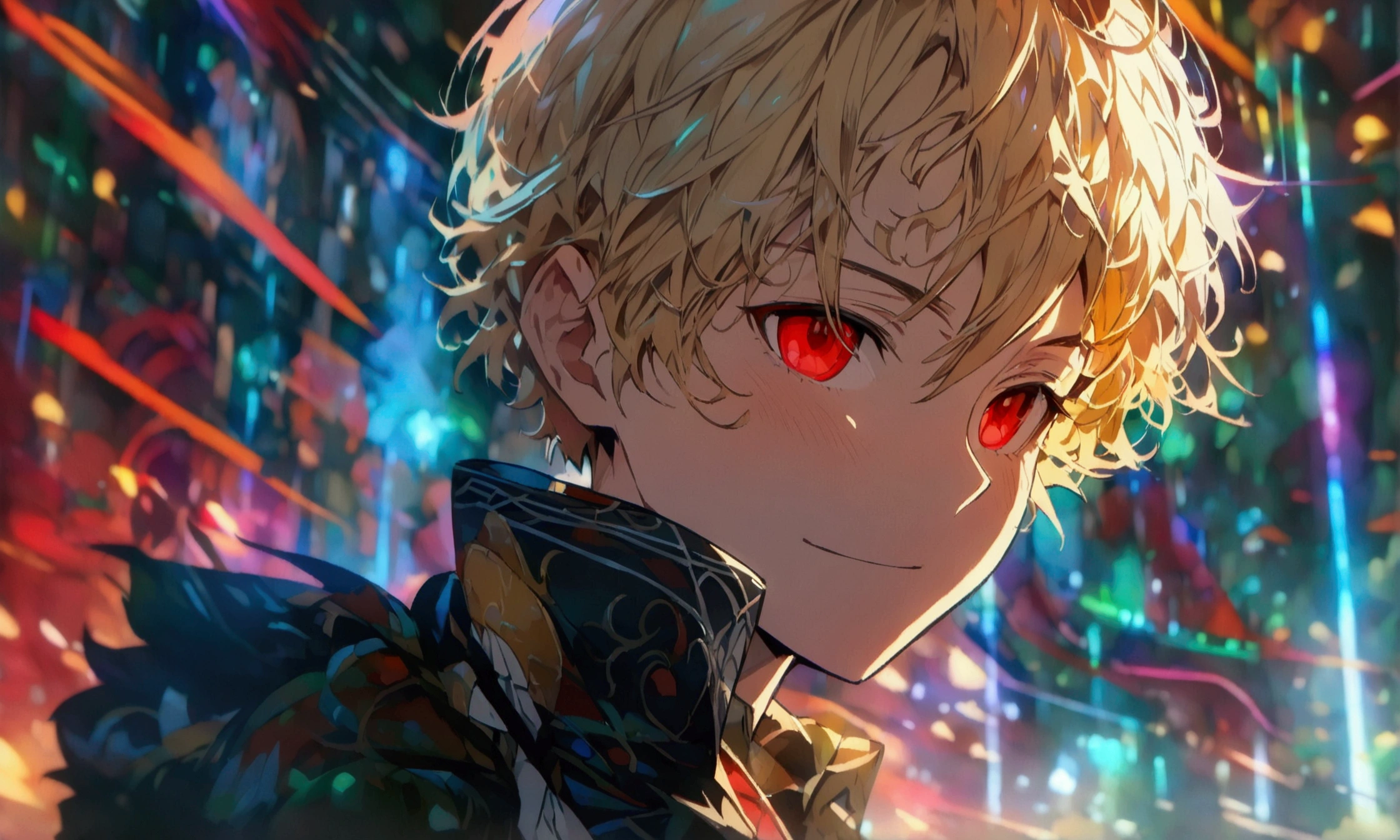 Small Boy, Blonde Hair, Red Eyes, Happy Expression on Face, Holding a Sleeve, Colorful Clothes, ((Intricate anime character design inspired by Ousama Ranking)), ((Stunning lighting)), ((Thin lines)), ((Stunning Focus)), ((Stunning Face)), ((Detailed Focus)), ((Detailed Background)), ((Ultra-thin 2D Design)), ((Creativity-filled Background)), ((Masterpiece 2D)), ((Best quality), ((8K)), ((Anime style))