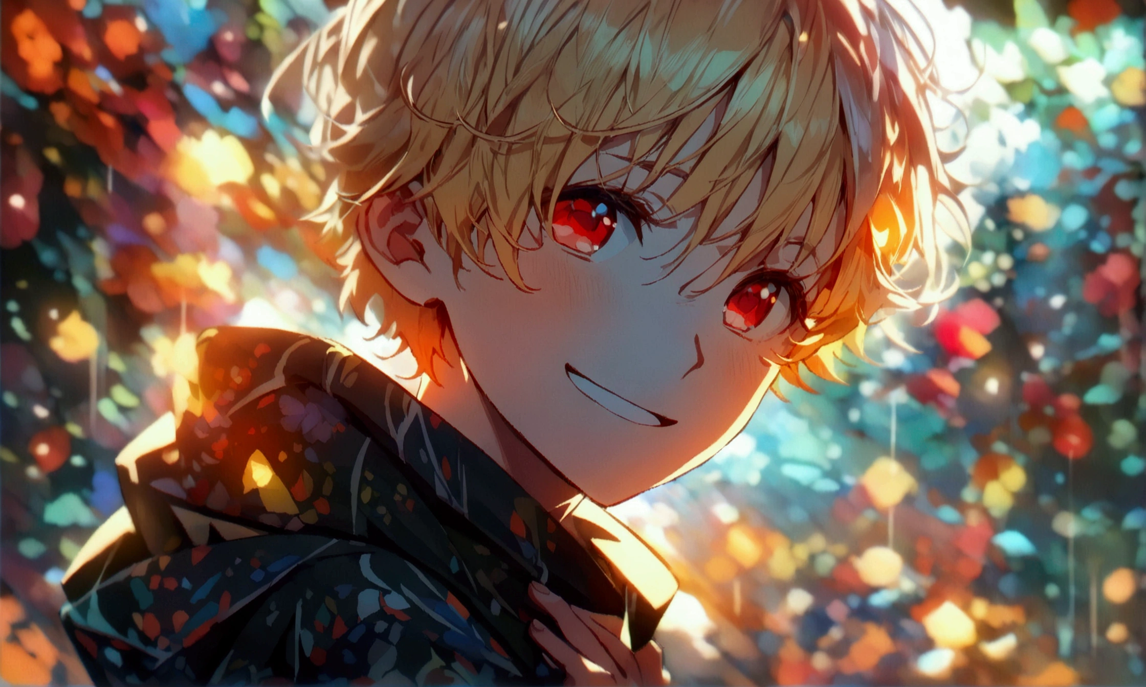 Small Boy, Blonde Hair, Red Eyes, Happy Expression on Face, Holding a Sleeve, Colorful Clothes, ((Intricate anime character design inspired by Ousama Ranking)), ((Stunning lighting)), ((Thin lines)), ((Stunning Focus)), ((Stunning Face)), ((Detailed Focus)), ((Detailed Background)), ((Ultra-thin 2D Design)), ((Creativity-filled Background)), ((Masterpiece 2D)), ((Best quality), ((8K)), ((Anime style))