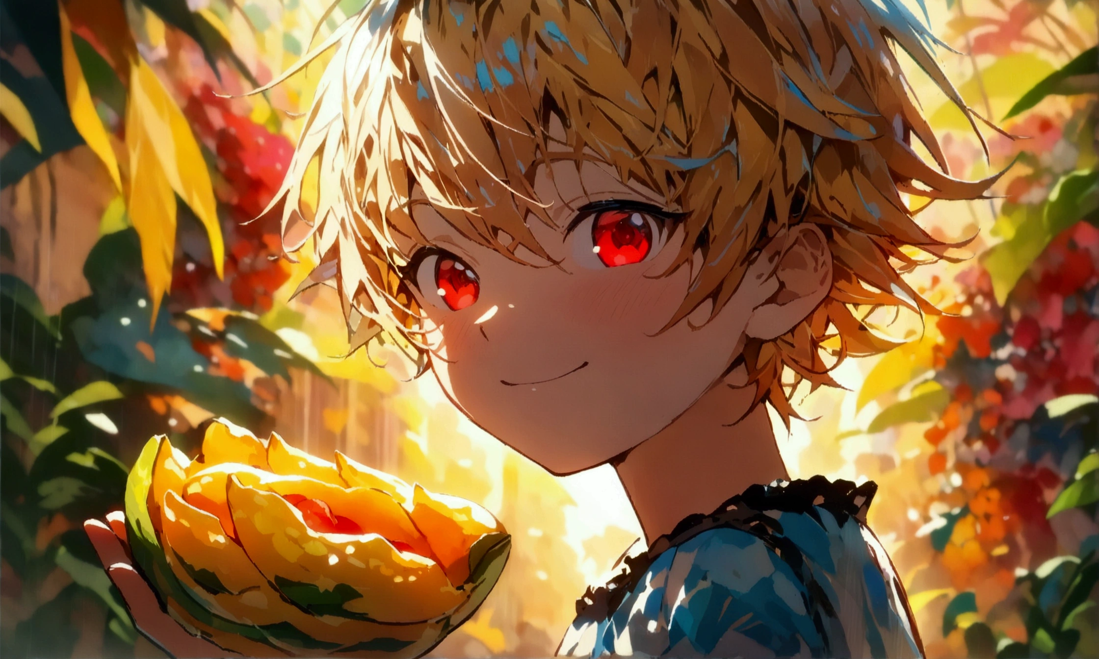 Small Boy, Blonde Hair, Red Eyes, Happy Expression on Face, Holding a Mango, Colorful Clothes, ((Intricate anime character design inspired by Ousama Ranking)), ((Stunning lighting)), ((Thin lines)), ((Stunning Focus)), ((Stunning Face)), ((Detailed Focus)), ((Detailed Background)), ((Ultra-thin 2D Design)), ((Creativity-filled Background)), ((Masterpiece 2D)), ((Best quality)), ((8K)), ((Anime style))