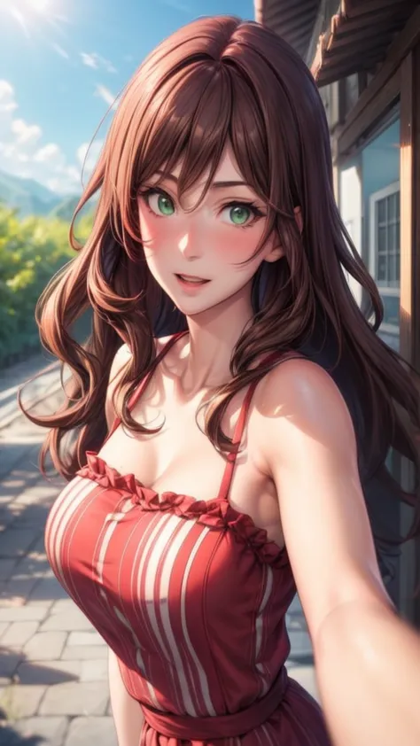 a beautiful woman in red dress taking selfie, anime style, green eyes, brown hair, outdoors, dress, long hair, red dress, day, c...