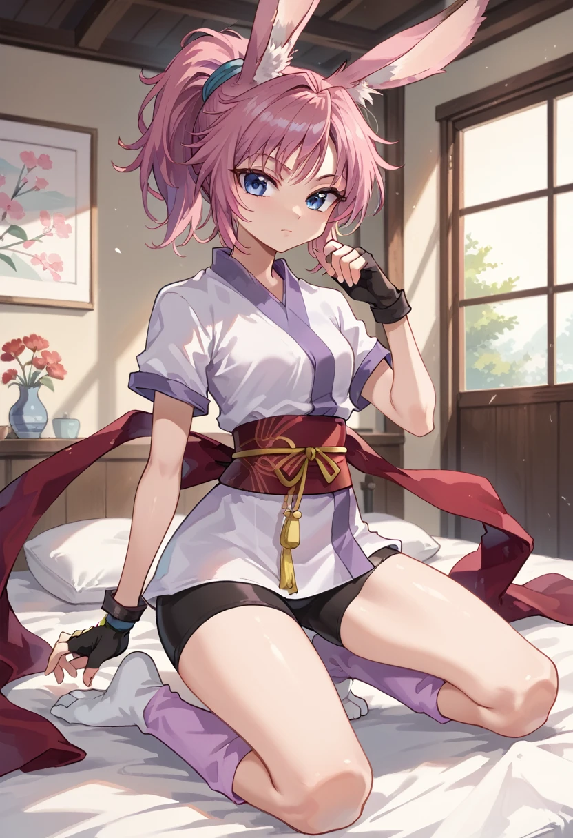 machi01, blue eyes, ponytail, pink hair, purple hair, ponytail, japanese clothes, sash, gloves, fingerless gloves, short sleeves, bike shorts, ninja, sash, obi, pink purple socks, tabi, (masterpiece), best quality, (SHARP details), 4k, highly detailed, (sexy thighs). hopeless expression, (viera), shy and nervous, kneeling on bed,(()), ((solo)), short girl, petite-body, modern hotel bedroom interior, dim light, red light, flat breasts, ((young girl)), (short girl), cute, slender, tempting,