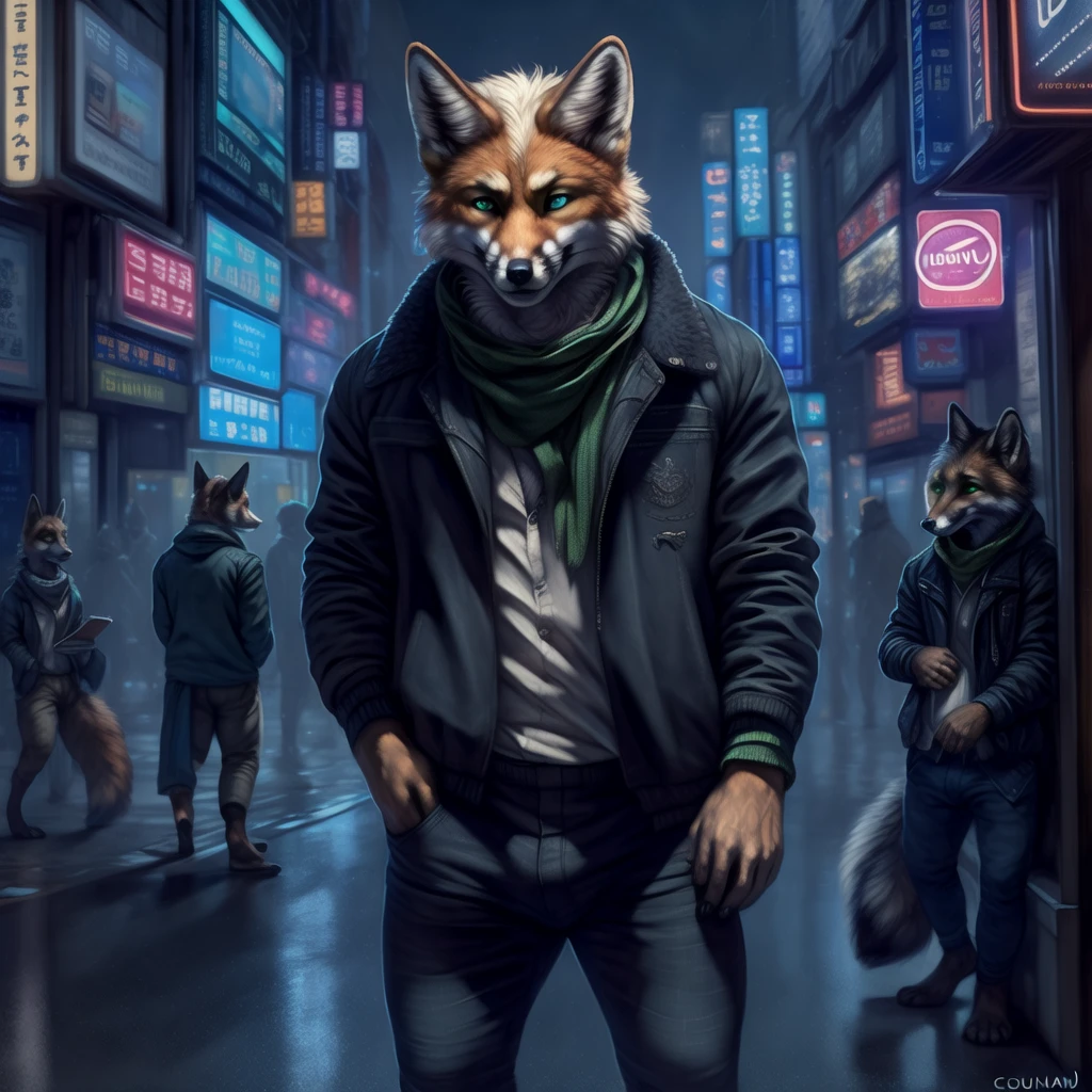 (by oouna, by honovy, by personalami, by clockhands) male, fox, solo, wearing jacket, green eyes, fox mccloud, wearing jacket, pants, scarf, fancy, black shirt, night, city, tokyo, street, akihabara, neon lights