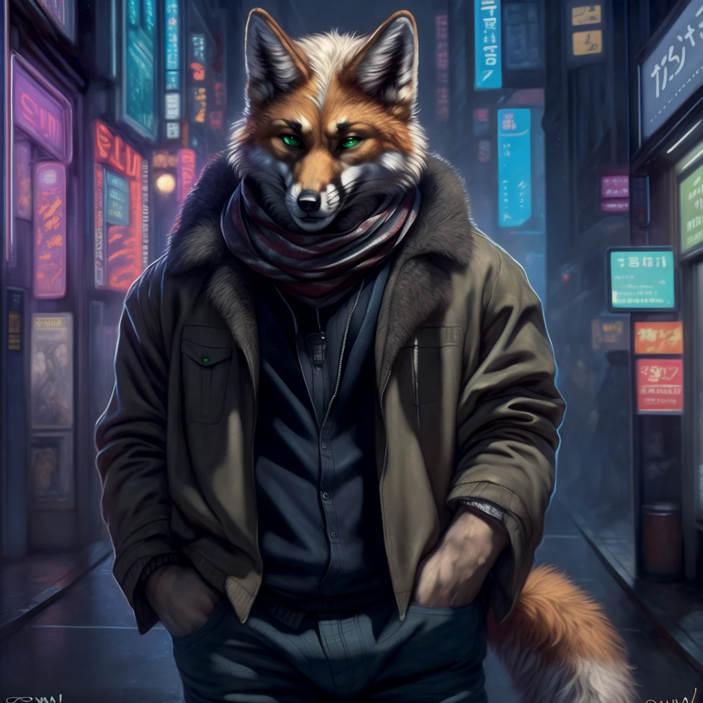 (by oouna, by honovy, by personalami, by clockhands) male, fox, solo, wearing jacket, green eyes, fox mccloud, wearing jacket, pants, scarf, fancy, black shirt, night, city, tokyo, street, akihabara, neon lights