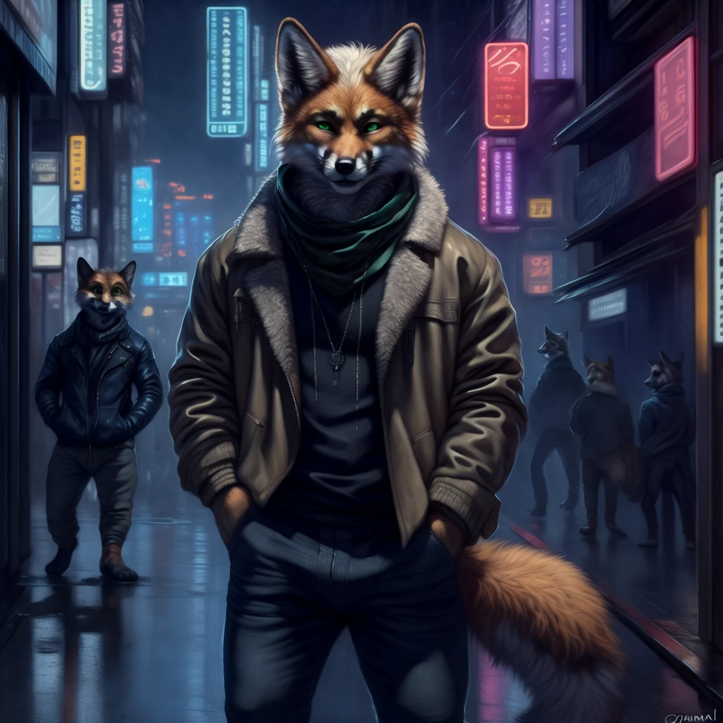 (by oouna, by honovy, by personalami, by clockhands) male, fox, solo, wearing jacket, green eyes, fox mccloud, wearing jacket, pants, scarf, fancy, black shirt, night, city, tokyo, street, akihabara, neon lights