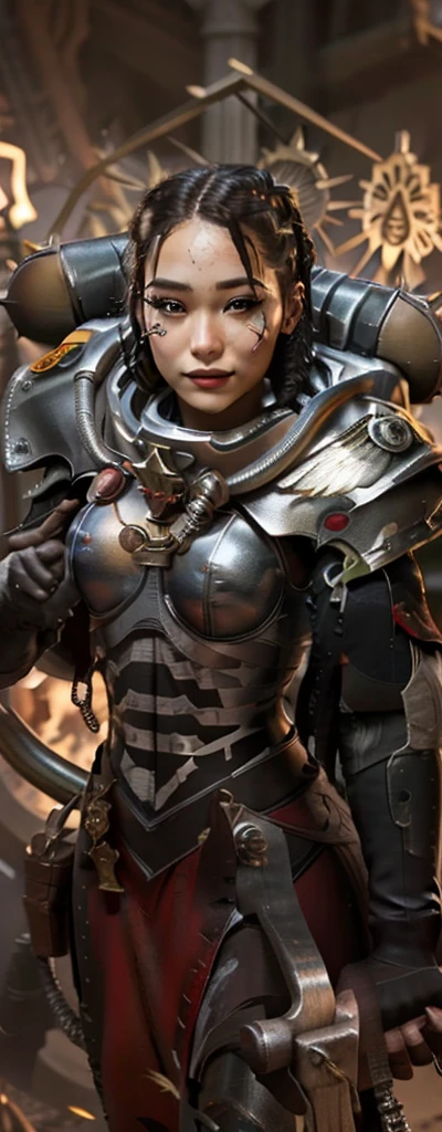 Photo of adepta sororitas, argent shroud, full armor, full metal armor, Christina Chong beautiful face, narrowed eyes. smirk. black braided hair with narrowed eyes, wearing intricate ornamented metal armor, stern face,, solo, (female:1.2), epic, platinum white armor, white pelvic curtain, bronze trimmings, , facial scar, iron halo, ((upper body:1.3)) focus, close-up, banner background,
