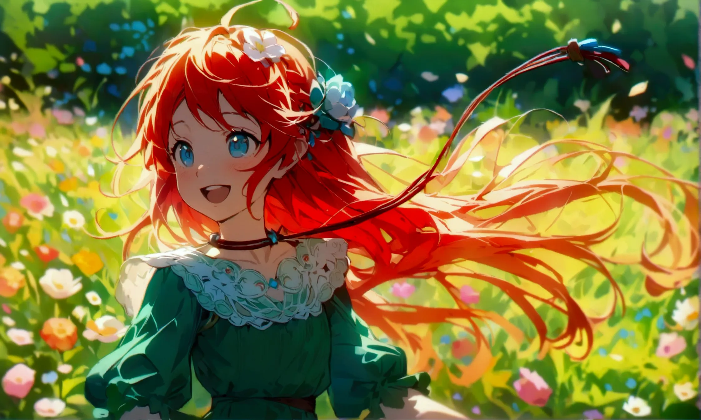 small girl, long red hair, blue eyes, green dress, full body, skipping rope, happy expression, field of flowers, ((intricate ani...