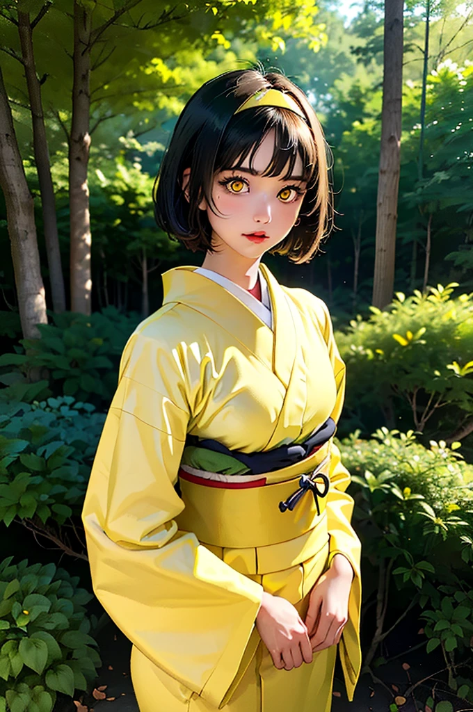 (masterpiece, best quality), 1girl,  pokemonerika, (yellow eyes:1.5), black hair, headband, short hair, japanese clothes, kimono, hakama, green hakama, long sleeves, wide sleeves, forest background, day, sunlight, 