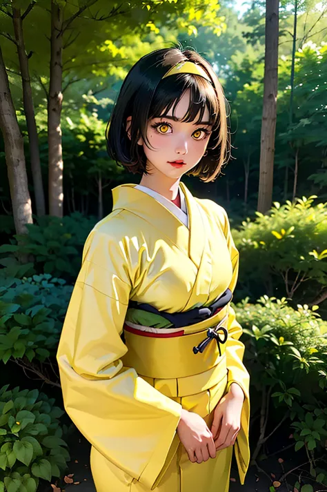 (masterpiece, best quality), 1girl,  pokemonerika, (yellow eyes:1.5), black hair, headband, short hair, japanese clothes, kimono...