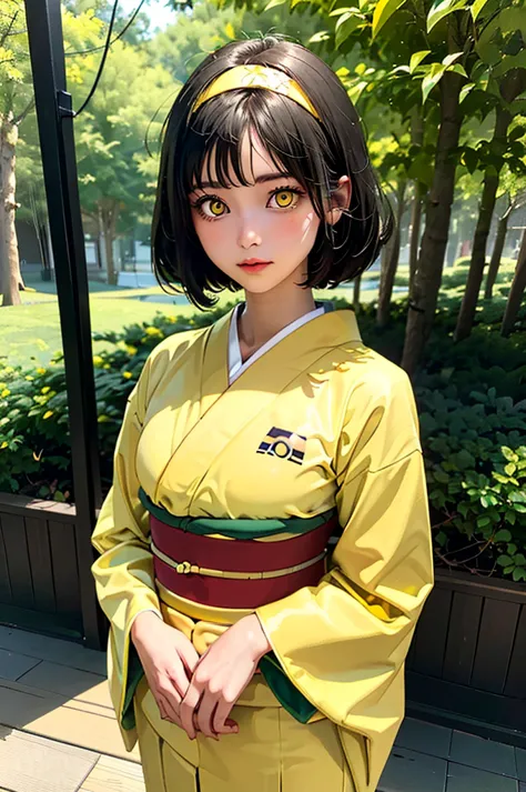 (masterpiece, best quality), 1girl,  pokemonerika, (yellow eyes:1.5), black hair, headband, short hair, japanese clothes, kimono...