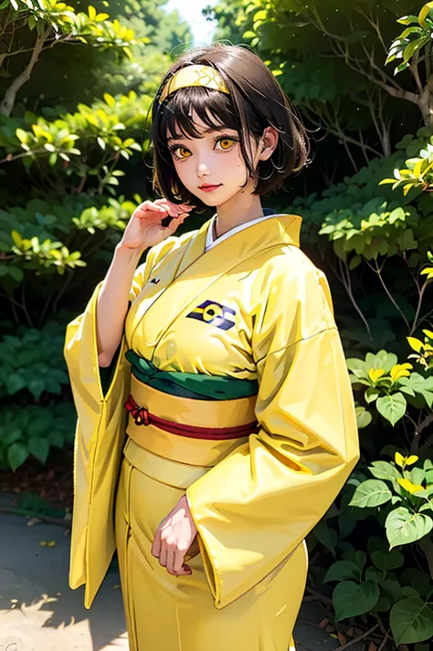 (masterpiece, best quality), 1girl,  pokemonerika, (yellow eyes:1.5), black hair, headband, short hair, japanese clothes, kimono...