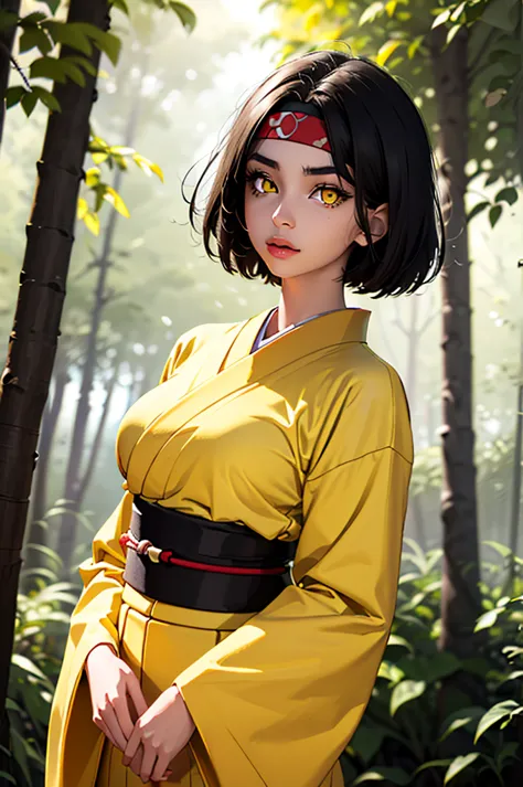 (masterpiece, best quality), 1girl,  pokemonerika, (yellow eyes:1.5), black hair, headband, short hair, japanese clothes, kimono...