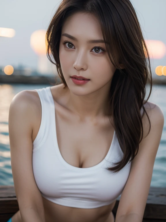 ((Realistic lighting, Highest quality, 8k, Tabletop:1.3)), Clear focus: 1.2, One Girl, Perfect Body Beauty: 1.4, Slim Abs: 1.1, ((Dark brown hair)), (White crop top: 1.4), (plein air, Seaside: 1.1), City streets, Very beautiful face, Beautiful Eyes, double eyelid, H black skinny yoga pants,Bursting breasts、Seductive pose、