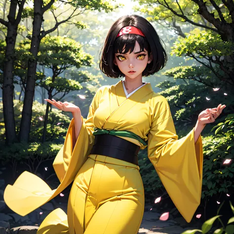 (masterpiece, best quality), 1girl,  pokemonerika, (yellow eyes:1.5), black hair, headband, short hair, japanese clothes, kimono...