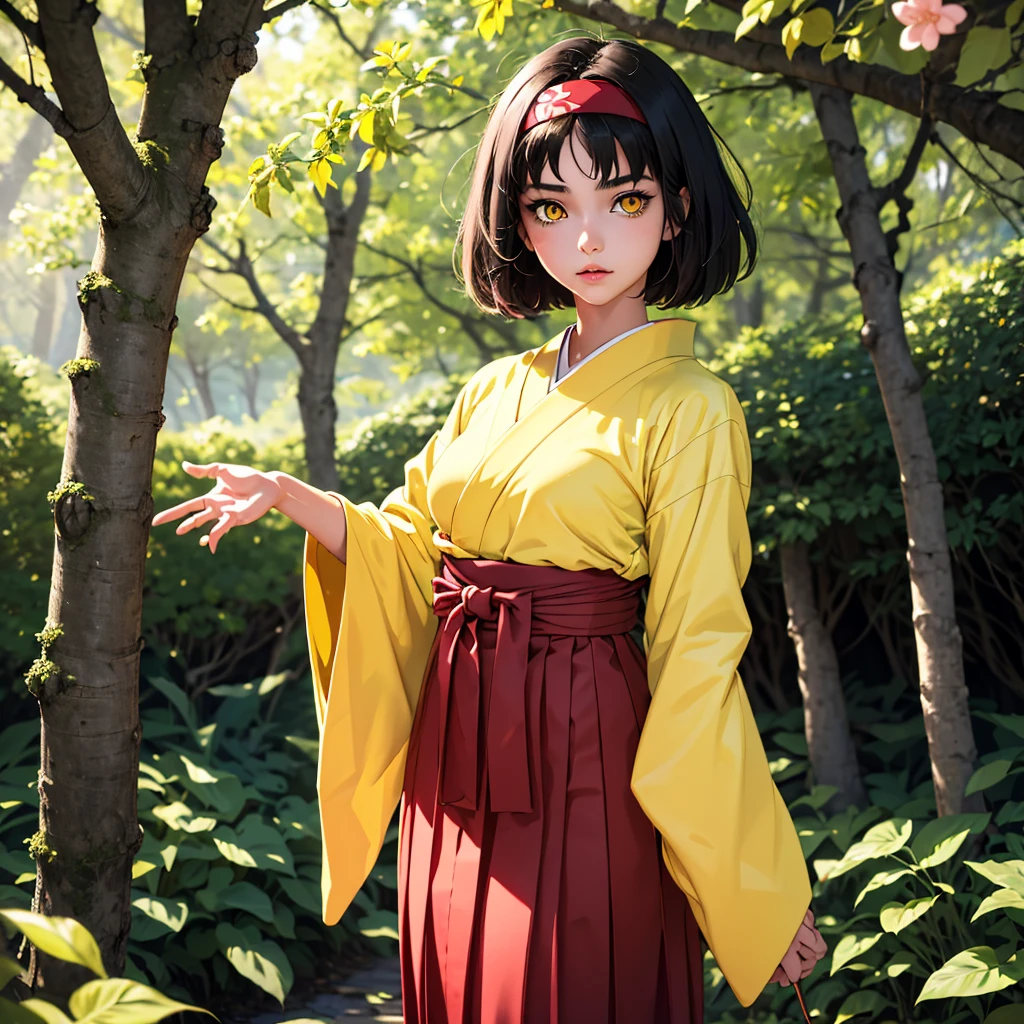 (masterpiece, best quality), 1girl,  pokemonerika, (yellow eyes:1.5), black hair, headband, short hair, japanese clothes, kimono, hakama, green hakama, long sleeves, wide sleeves, sakura forest background, day, sunlight, anime style, beautiful