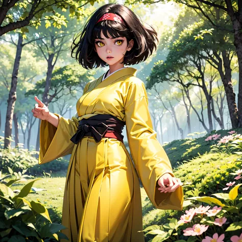 (masterpiece, best quality), 1girl,  pokemonerika, (yellow eyes:1.5), black hair, headband, short hair, japanese clothes, kimono...