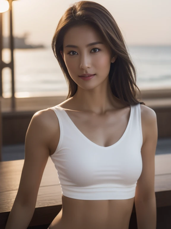 ((Realistic lighting, Highest quality, 8k, Tabletop:1.3)), Clear focus: 1.2, One Girl, Perfect Body Beauty: 1.4, Slim Abs: 1.1, ((Dark brown hair)), (White crop top: 1.4), (plein air, Seaside: 1.1), City streets, Very beautiful face, Beautiful Eyes, double eyelid, H black skinny yoga pants,Bursting breasts、Seductive pose、