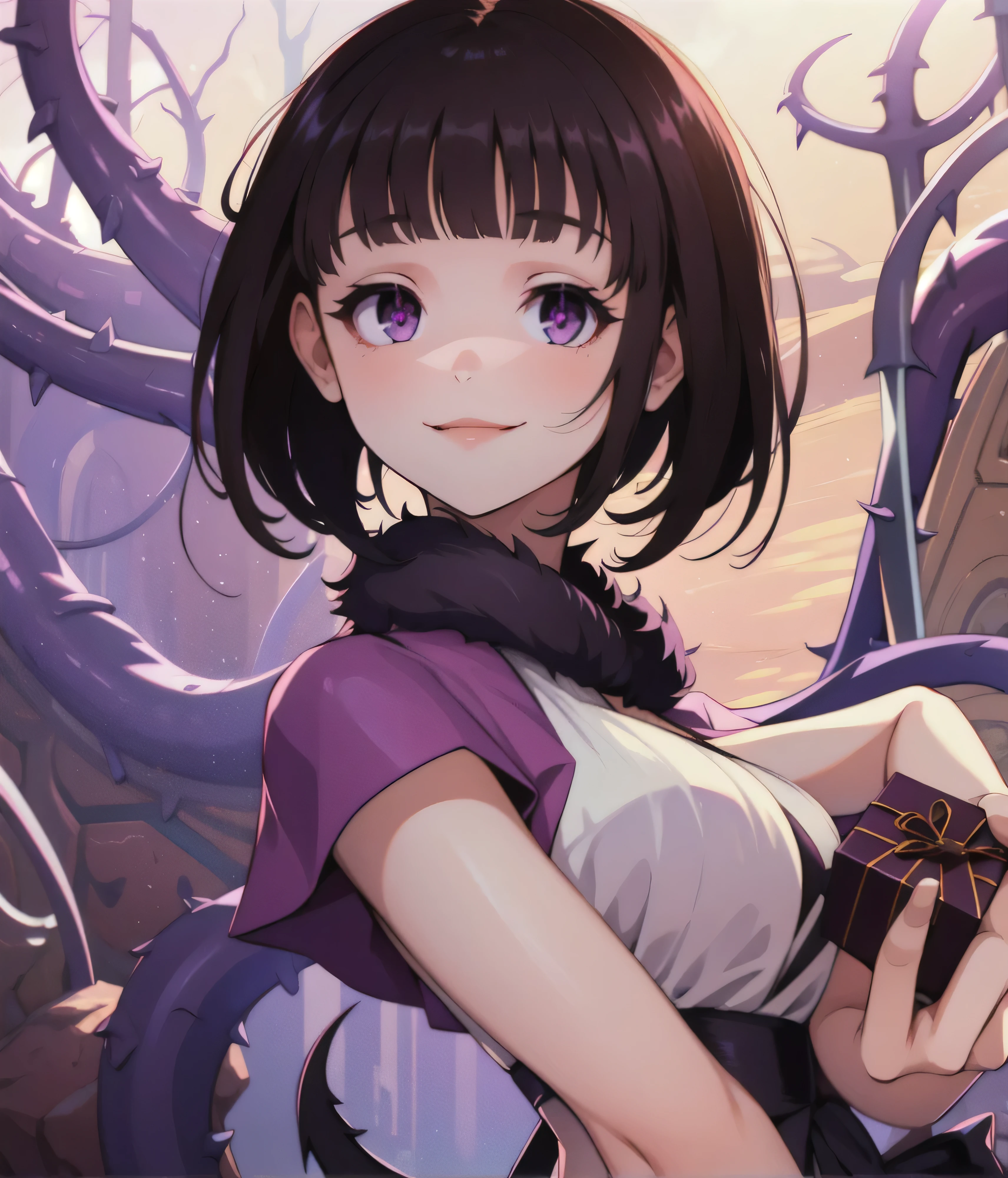 masterpiece, Highest quality, One girl, eric, Purple eyes, Brown Hair, Blunt bangs, Bobcut, Two honjiao, , bare shoulisers, Elbow hand pockets, Gauntlet, reis skirt, Fur trim, View your viewers, :is, IncrsVGift Both, incoming gift, outisoors, evil smile,shaded  face(eyes in shadow),darkness background,