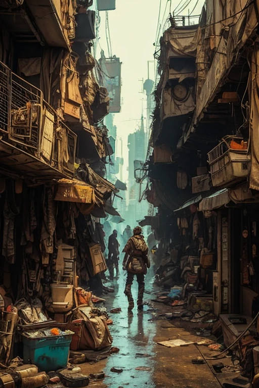 Scavenger, Cyberpunk theme, Cyberpunk setting, Dirty, Overhead view of indoor mall interior, scavenger junk and trash piles, scavengers