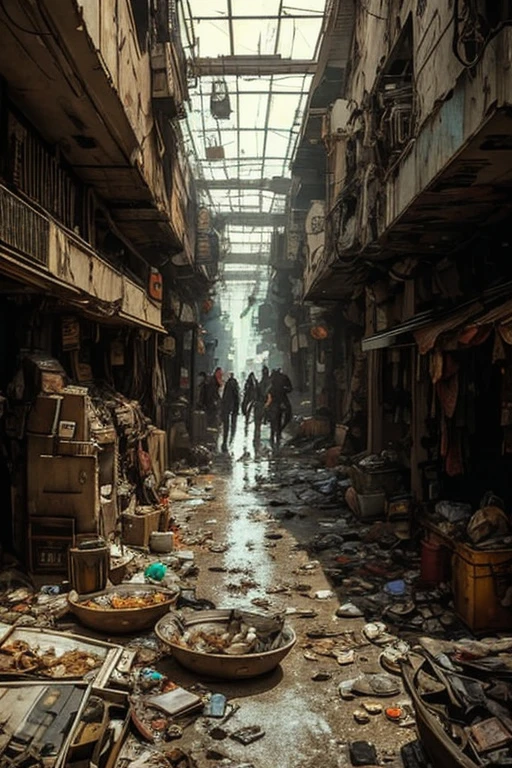 Scavenger, Cyberpunk theme, Cyberpunk setting, Dirty, Overhead view of indoor mall interior, scavenger junk and trash piles, scavengers