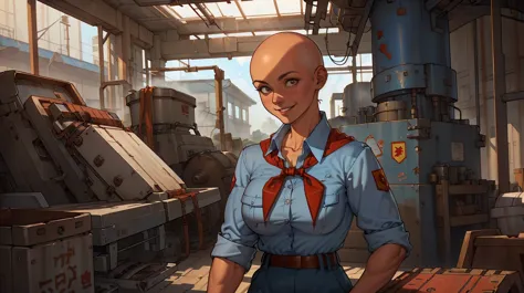 beautiful young bald soviet female pioneer wearing blue button down shirt working with heavy machinery in a factory, girl, ((bal...