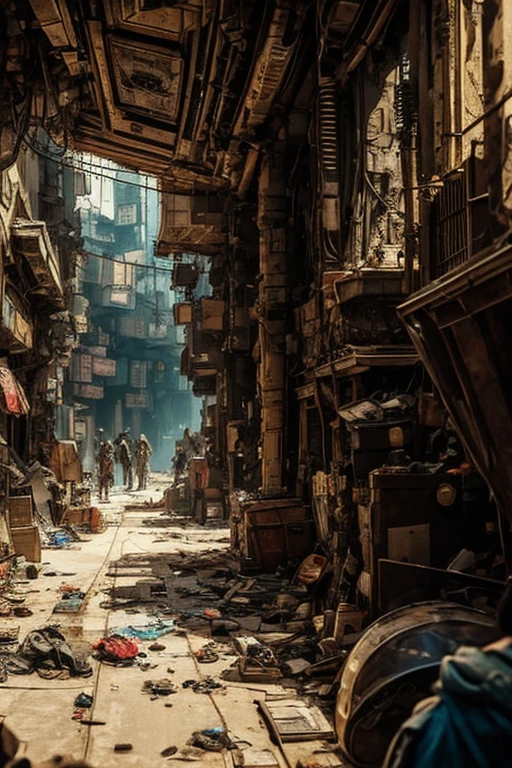 Scavenger, Cyberpunk theme, Cyberpunk setting, Dirty, Overhead view of indoor mall interior, scavenger junk and trash piles, scavengers, scattered junk