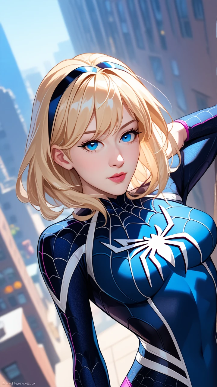 (work of art, best qualityer, hyper detailled),dynamic angle,whole body,spiderweb, Gwen Stacy, hair blonde, ((blue colored eyes)), Spider-Gwen suit, May , Super heroi, Depth of field, natta, neostyle, citys,