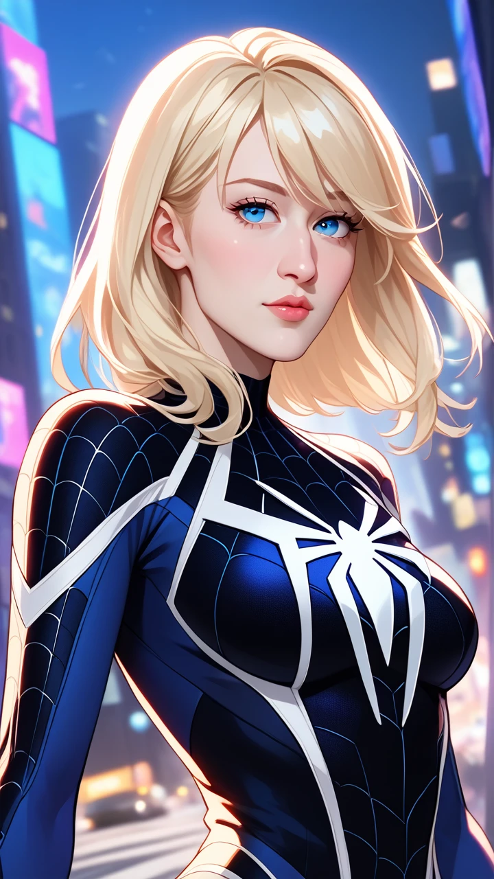 (work of art, best qualityer, hyper detailled),dynamic angle,whole body,spiderweb, Gwen Stacy, hair blonde, ((blue colored eyes)), Spider-Gwen suit, May , Super heroi, Depth of field, natta, neostyle, citys,