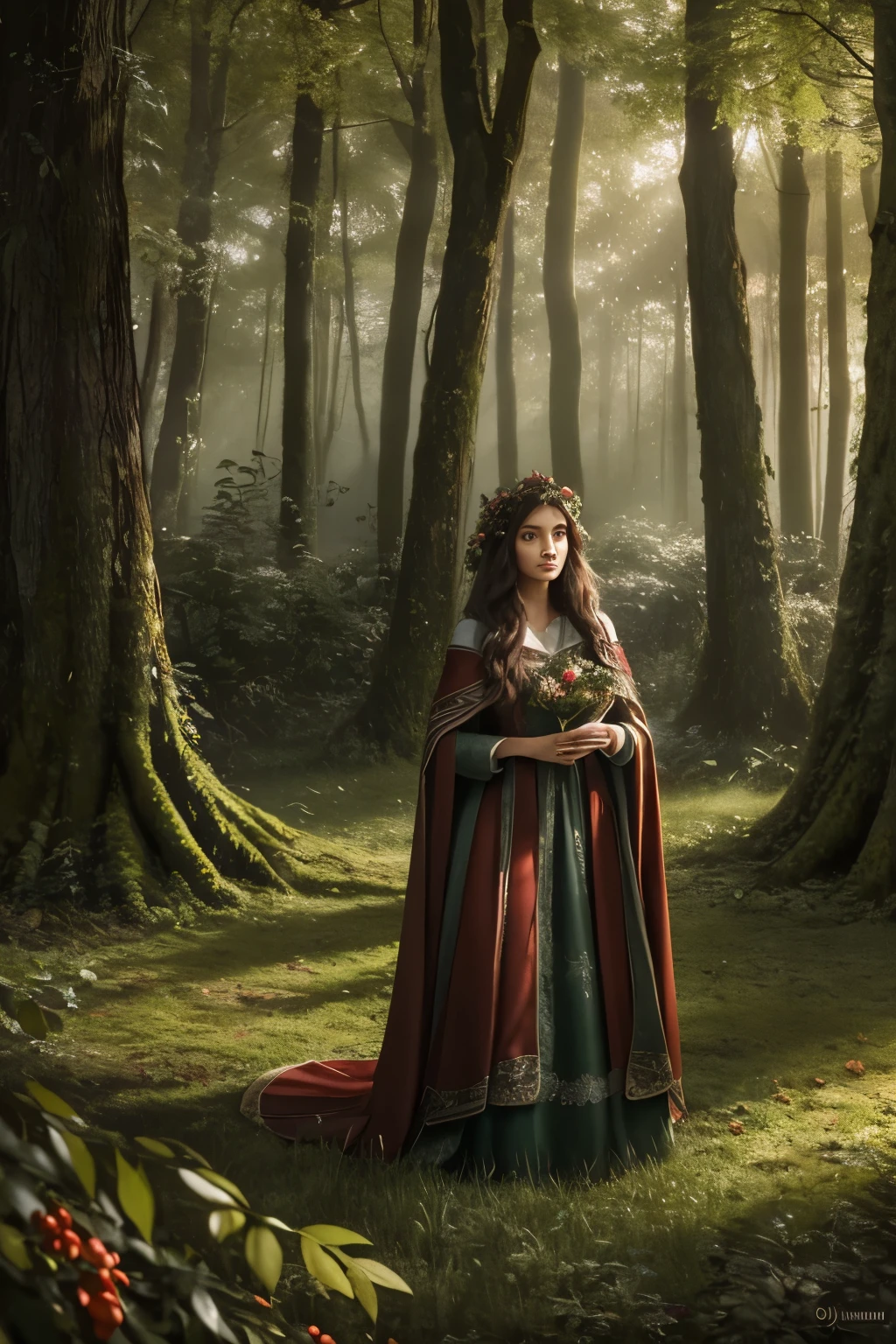 best quality,ultra-detailed,photorealistic,beautiful girl in a garden,traditional oil painting,red cape flowing in the wind,deep green grass and tall trees,sunlight filtering through the leaves,enchanted forest,detailed eyes and face,innocent expression,long wavy hair,basket filled with fruits and flowers,gentle smile,warm color palette,soft lighting, and big bad wolf hiding behind trees,mysterious atmosphere,storybook illustration,lush foliage,ethereal beauty,soft textures,dramatic shadows,fairy tale,adventure and danger,classic literature,magical encounter, exploring the unknown,curiosity,prominent eyes,portraits,mythical creature,suspenseful moment,exciting journey,innocence and bravery,contrast between light and dark,hidden dangers,whispering wind and rustling leaves,adding a touch of surrealism, path leading deeper into the forest,quiet and tranquil setting,enchanted garden,contrast between the girl's red cloak and the green surroundings,contrast between the girl's soft features and the wolf's fierce expression,captivating and compelling imagery.