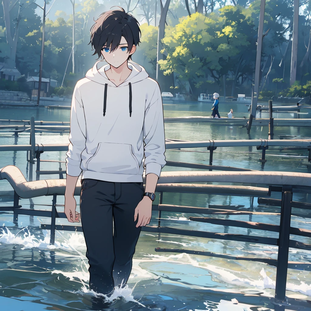 with short black hair tied in a ponytail, and deep blue eyes, With a sleepy look, A handsome young man wearing a hoodie and pants, Walking on water, (Highest quality,4K,8k,High resolution,masterpiece:1.2),Very detailed