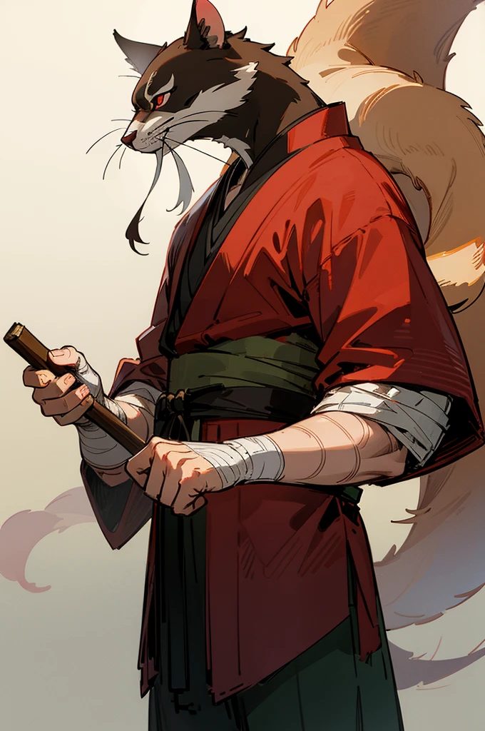 upper body, standing, dojo, japanese temple, inside, clothed, kimono, red kimono, rat tail, red eyes, goatee, brown body, white fur,brown fur, bandages, safe, (master splinter:1.2), solo, topwear, bottomwear, BREAK, by bruteandbrawn, by personalami, by kenket, muscular