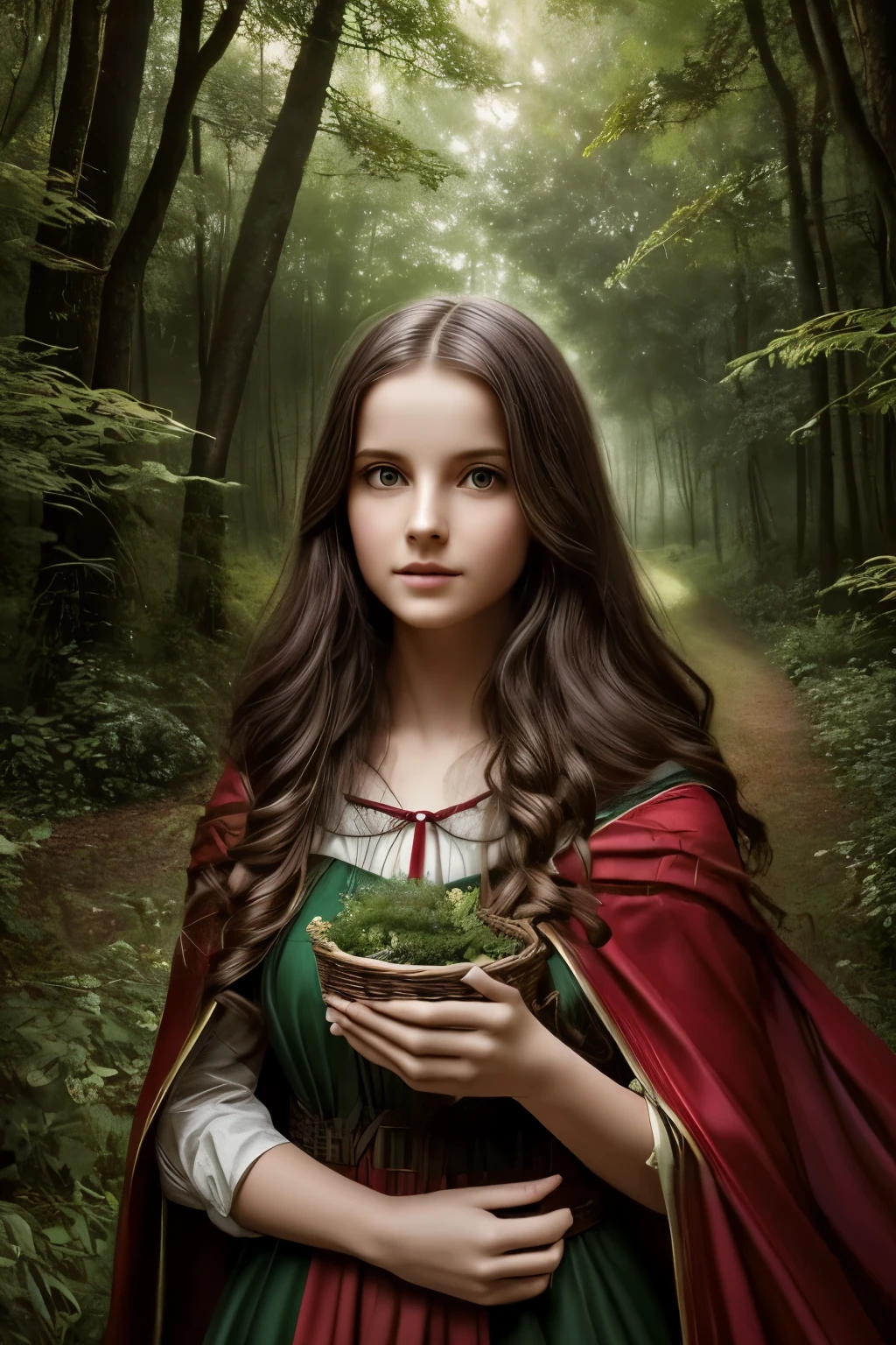 best quality,ultra-detailed,photorealistic,beautiful girl in a garden,traditional oil painting,red cape flowing in the wind,deep green grass and tall trees,sunlight filtering through the leaves,enchanted forest,detailed eyes and face,innocent expression,long wavy hair,basket filled with fruits and flowers,gentle smile,warm color palette,soft lighting, and big bad wolf hiding behind trees,mysterious atmosphere,storybook illustration,lush foliage,ethereal beauty,soft textures,dramatic shadows,fairy tale,adventure and danger,classic literature,magical encounter, exploring the unknown,curiosity,prominent eyes,portraits,mythical creature,suspenseful moment,exciting journey,innocence and bravery,contrast between light and dark,hidden dangers,whispering wind and rustling leaves,adding a touch of surrealism, path leading deeper into the forest,quiet and tranquil setting,enchanted garden,contrast between the girl's red cloak and the green surroundings,contrast between the girl's soft features and the wolf's fierce expression,captivating and compelling imagery.
