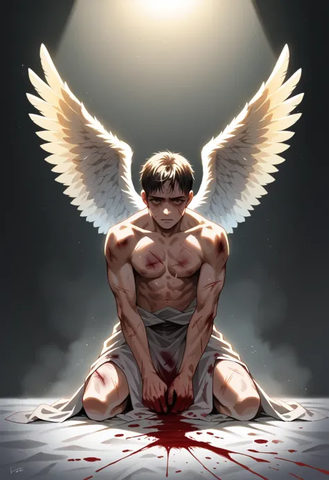 1 boy, anime, angel, wings, angel wings, wounded, bruised, blood, broken wing, kneeling, detailed face, detailed eyes, 8k, ultra...