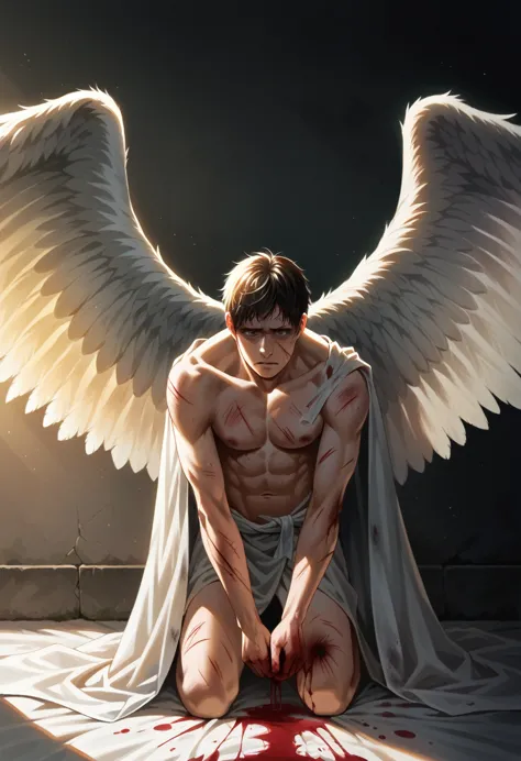 1 boy, anime, angel, wings, angel wings, wounded, bruised, blood, broken wing, kneeling, detailed face, detailed eyes, 8k, ultra...