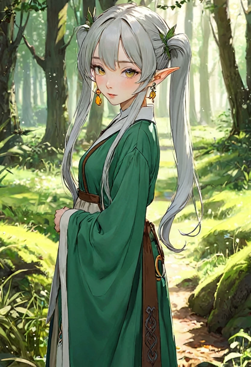 life activities, Frielen、In the woods、1 person、Earrings、Elvish、Hair length、Pointy Ears、solo、Twin tails、Veld&#39;s Eye、Earrings、Gray Hair、[View your viewers]Usually provided: White capelet、White sleeves、Long sleeve、 [Knee-high boots、Brown shoes、Black Pantyhose]白いdress: Exposing shoulders、clavicle、dress、白いdress、ノースリーブdress、Pause: standing(Tabletop:1.2), Highest quality,The most beautiful woman, High resolution, unity 8k wallpaper, (figure:0.8), Perfect lighting, Highly detailed CG, (Perfect hands, Perfect Anatomy),((モデルのPause)),Open your eyes,(Tabletop:1.2), High resolution, unity 8k wallpaper, (figure:0.8), Highly detailed face, Perfect lighting, Highly detailed CG, (Perfect hands, Perfect Anatomy),Tabletop, Highest quality,Cowboy Shot,