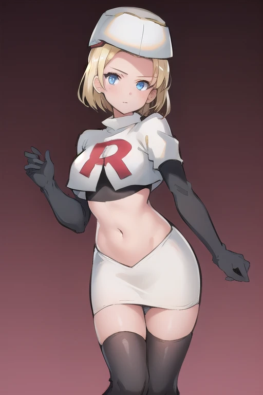 best quality, (masterpiece:1.2), illustration, absurdres, (1girl, solo, beautiful detailed girl),
 Theresia Caroline, short hair, blonde hair, blue eyes, medium breasts,
garrison cap, team rocket,team rocket uniform,white skirt,red letter R,crop top,black thigh-highs,black elbow gloves,
looking at viewer,