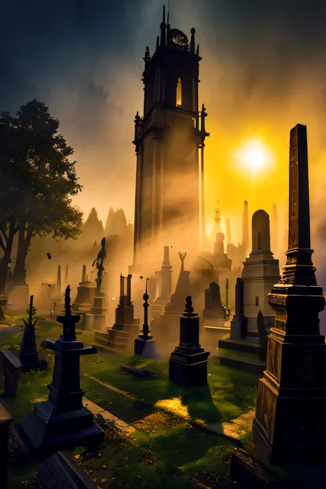 cinematic, vampire slayers, walks in an gothic cemetery at night wearing a gothic steampunk fashion dress, fog and rainy conditi...