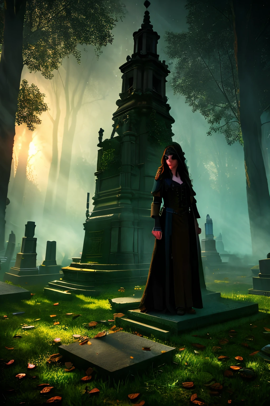 Cinematic, Vampire slayers, walks in an Gothic cemetery at night wearing a gothic steampunk fashion dress, fog and rainy condition, ghostly atmosphere, 1800s, (high skin detail: 1.2), ultra-detailed, photo-realistic, depth of field, cinematic lighting, IMAX camera, HDR, DTM, Full HD, 8k , captured in ultra high resolution with photorealistic and beautiful lighting. This masterpiece is of the best quality and is set against a zentangle abstract background (weighted at 1.4).