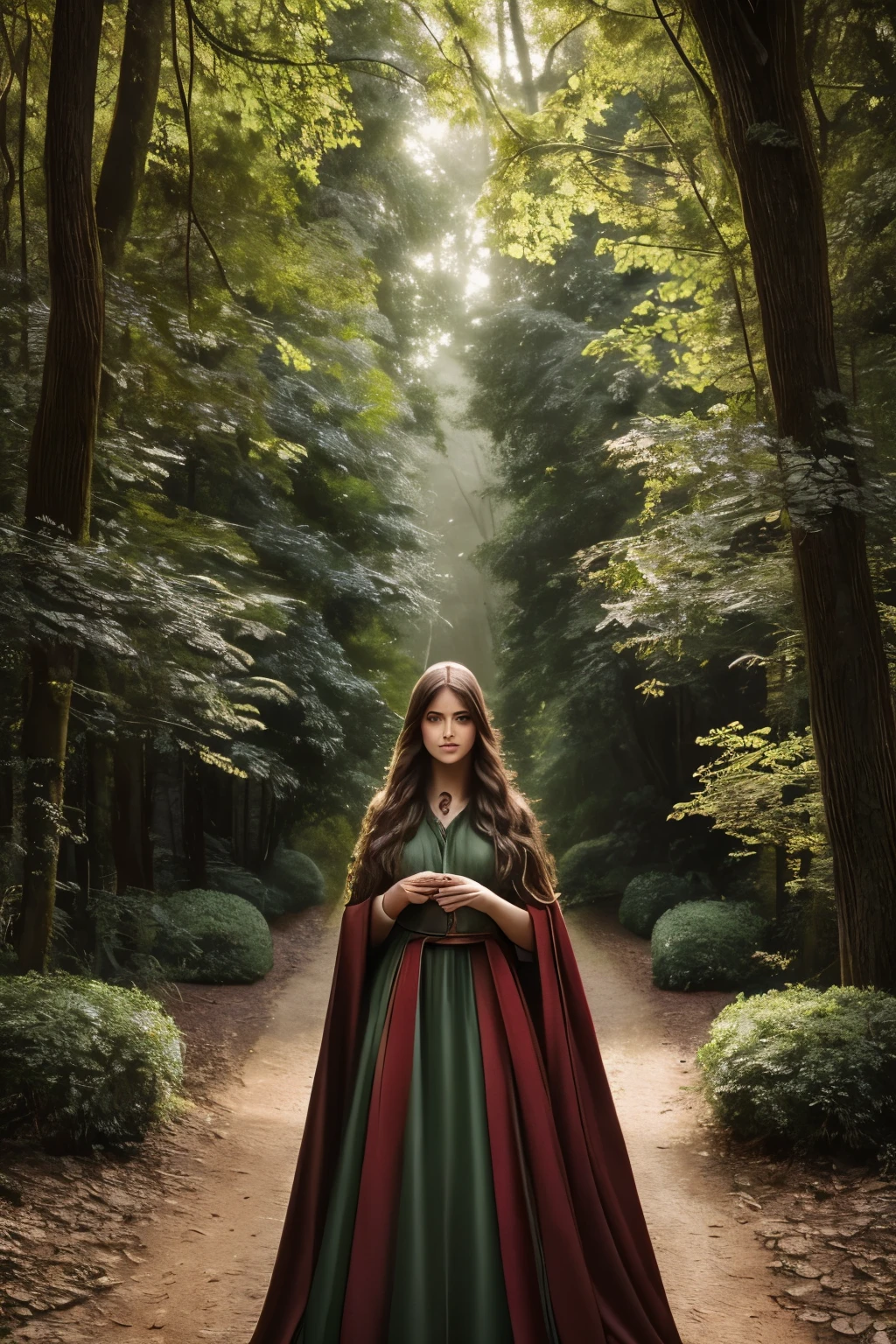 best quality,ultra-detailed,photorealistic,beautiful girl in a garden,traditional oil painting,red cape flowing in the wind,deep green grass and tall trees,sunlight filtering through the leaves,enchanted forest,detailed eyes and face,innocent expression,long wavy hair,basket filled with fruits and flowers,gentle smile,warm color palette,soft lighting, and big bad wolf hiding behind trees,mysterious atmosphere,storybook illustration,lush foliage,ethereal beauty,soft textures,dramatic shadows,fairy tale,adventure and danger,classic literature,magical encounter, exploring the unknown,curiosity,prominent eyes,portraits,mythical creature,suspenseful moment,exciting journey,innocence and bravery,contrast between light and dark,hidden dangers,whispering wind and rustling leaves,adding a touch of surrealism, path leading deeper into the forest,quiet and tranquil setting,enchanted garden,contrast between the girl's red cloak and the green surroundings,contrast between the girl's soft features and the wolf's fierce expression,captivating and compelling imagery.
