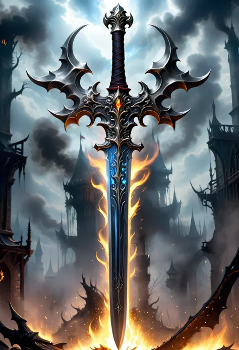 iron alloy branches.，thick smoke of alloy surrounds the magic sword.,the sword is demonic，heavy metal style，metal art，iron-made ...