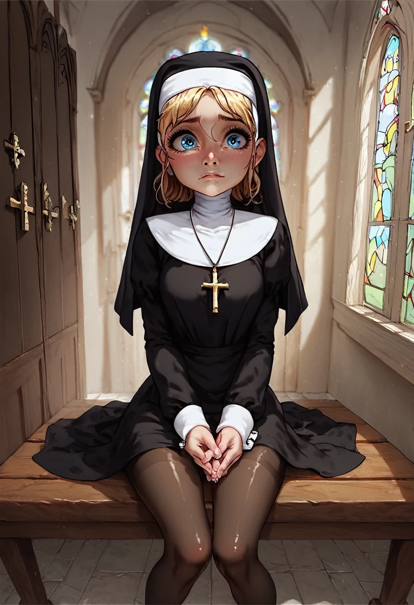 rating_safe, score_8_up, score_7_up, score_6_up, 1girl, solo, shiny skin, pale skin, small breasts, cute perfect face, kid-like proportions, big head and big eyes, tiny limbs, thin body, (nun habit, beautiful smooth blonde hair), (tiny prepubescent innocent young little nun-girl sitting on wooden bench in confession booth), tiny prepubescent child, (nun outfit), (uncomfortable nervous scared expression), leaning away from viewer, POV looking down on nun-girl, (adorable submissive blue eyes), (cross-necklace), brown nylon pantyhose, inside detailed confession booth background, inside closet, low light, full-body shot